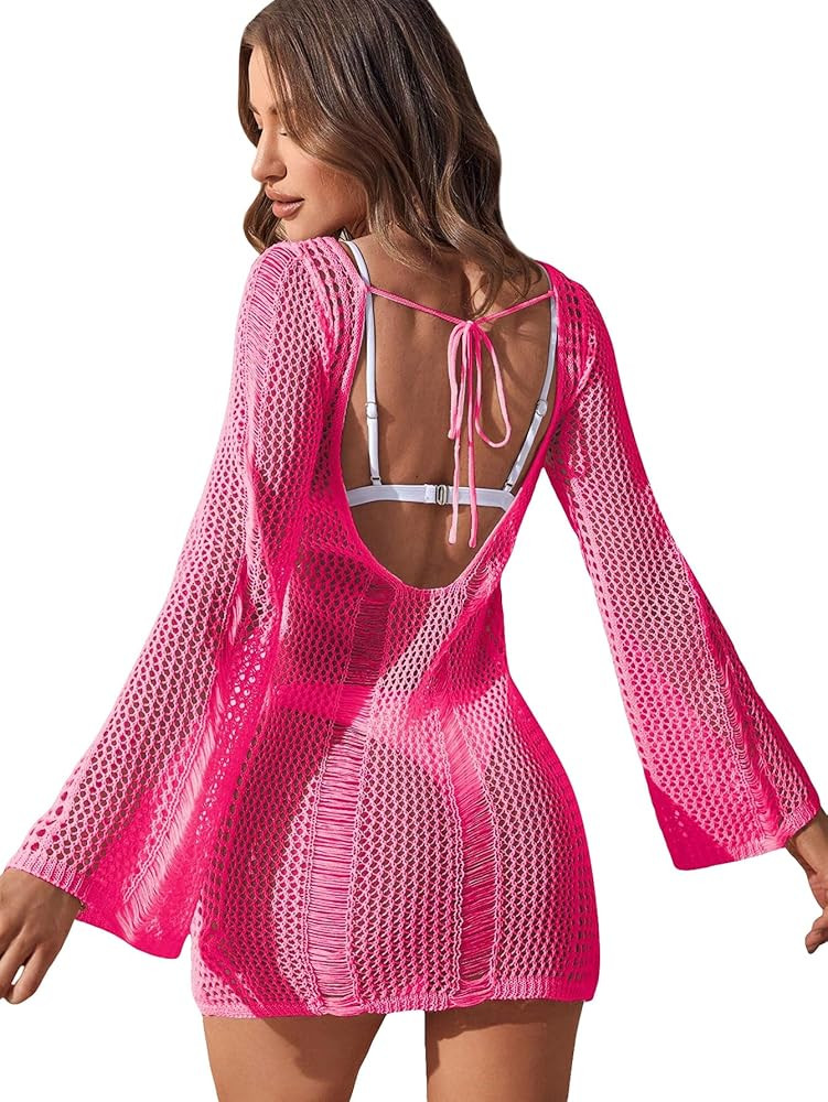 Floerns Women's Crochet Cover Up Long Sleeve Hollow Out Bikini Swimsuit Beach Cover Up Swimwear | Amazon (US)