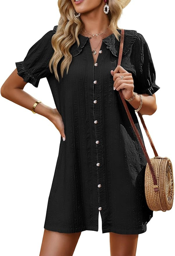 Cicy Bell Womens Puff Sleeve Peter Pan Collar Mini Shirt Dress Button Down Summer Casual Textured... | Amazon (US)