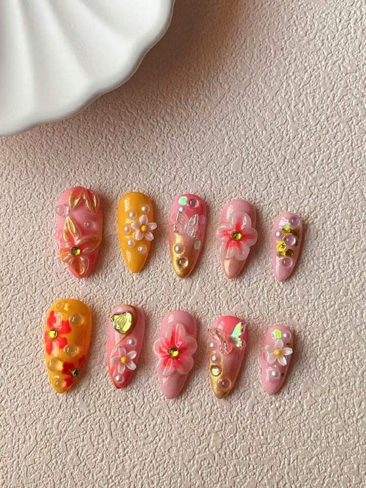 $7.0710 Pieces Pure Handmade Wear Nail Almond Nail-Type Hand-Painted Small Flower Three-Dimension... | SHEIN