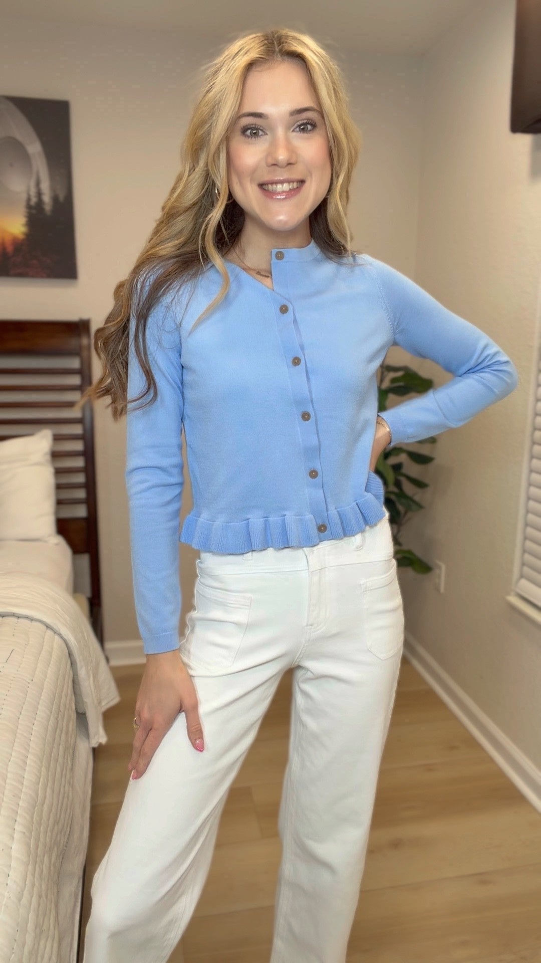 This Target cardigan is spring perfection 💙 The soft baby blue, the dainty ruffle hem, the polished button front—it’s feminine, flattering, and under $30. I paired it with crisp white denim for a fresh, elevated look that’s still comfy enough for every day.

#LTKTall #LTKWorkwear #LTKSeasonal