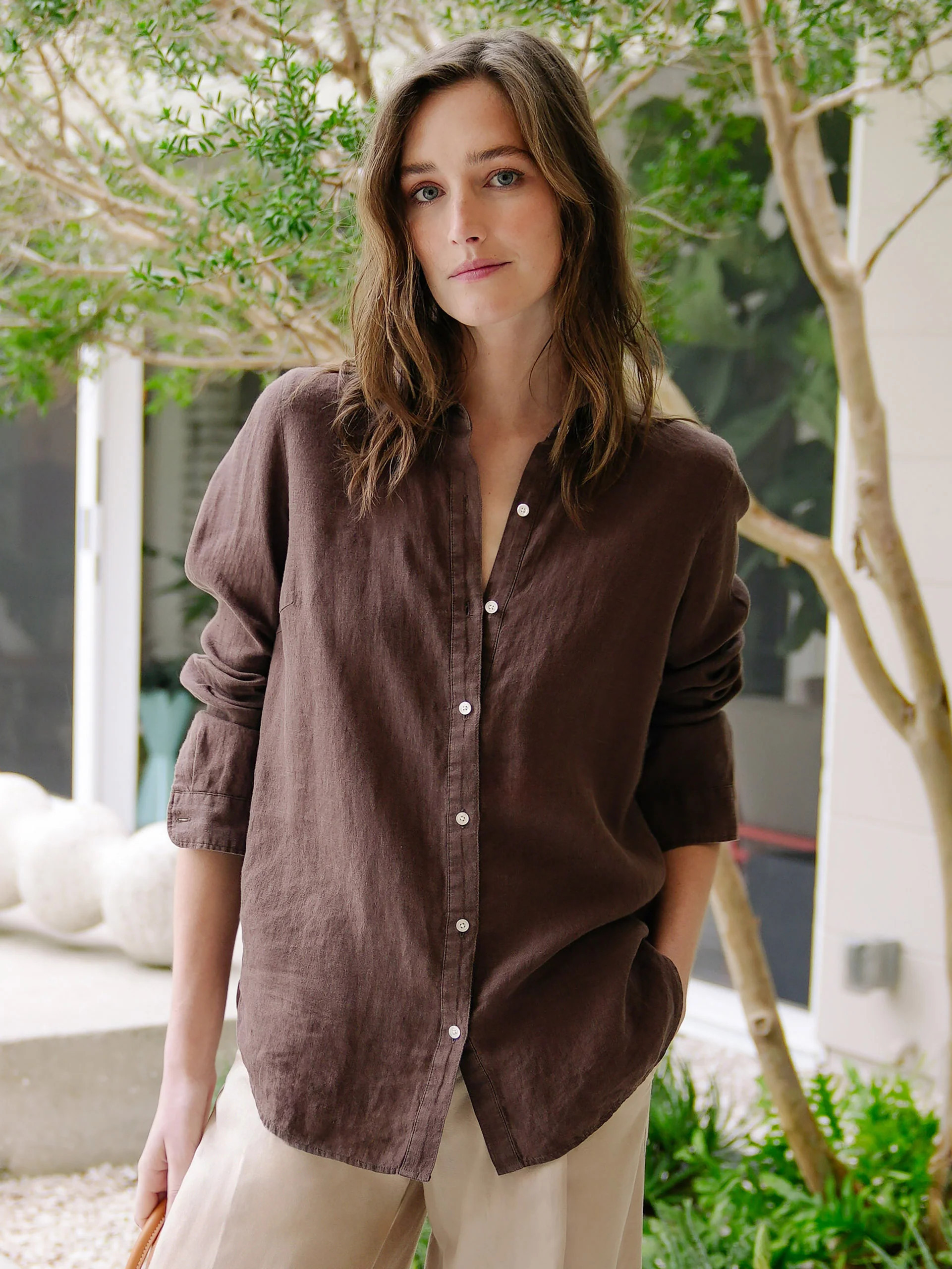J.McLaughlin Women's Britt Linen Shirt Dark Brown, Size XL | J.McLaughlin