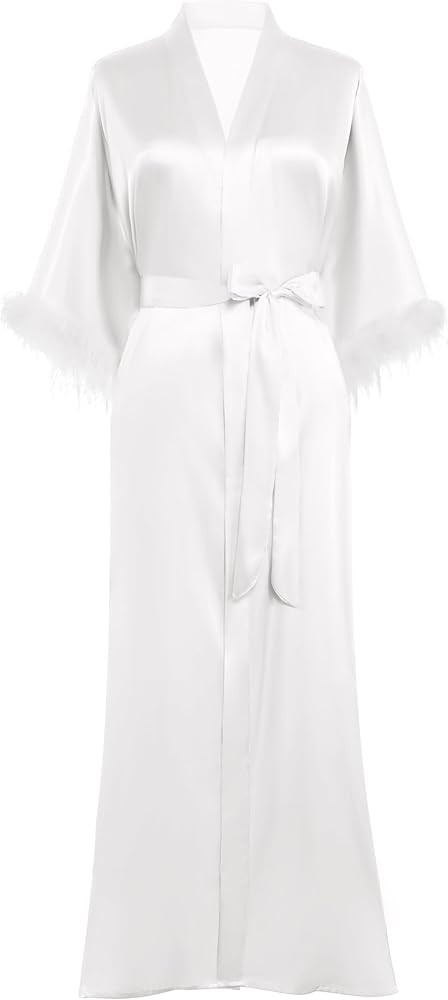 PRODESIGN Satin Kimono Robe Long Silky Bathrobe with Ostrich Feather Trim Sleepwear Wedding Bride... | Amazon (US)