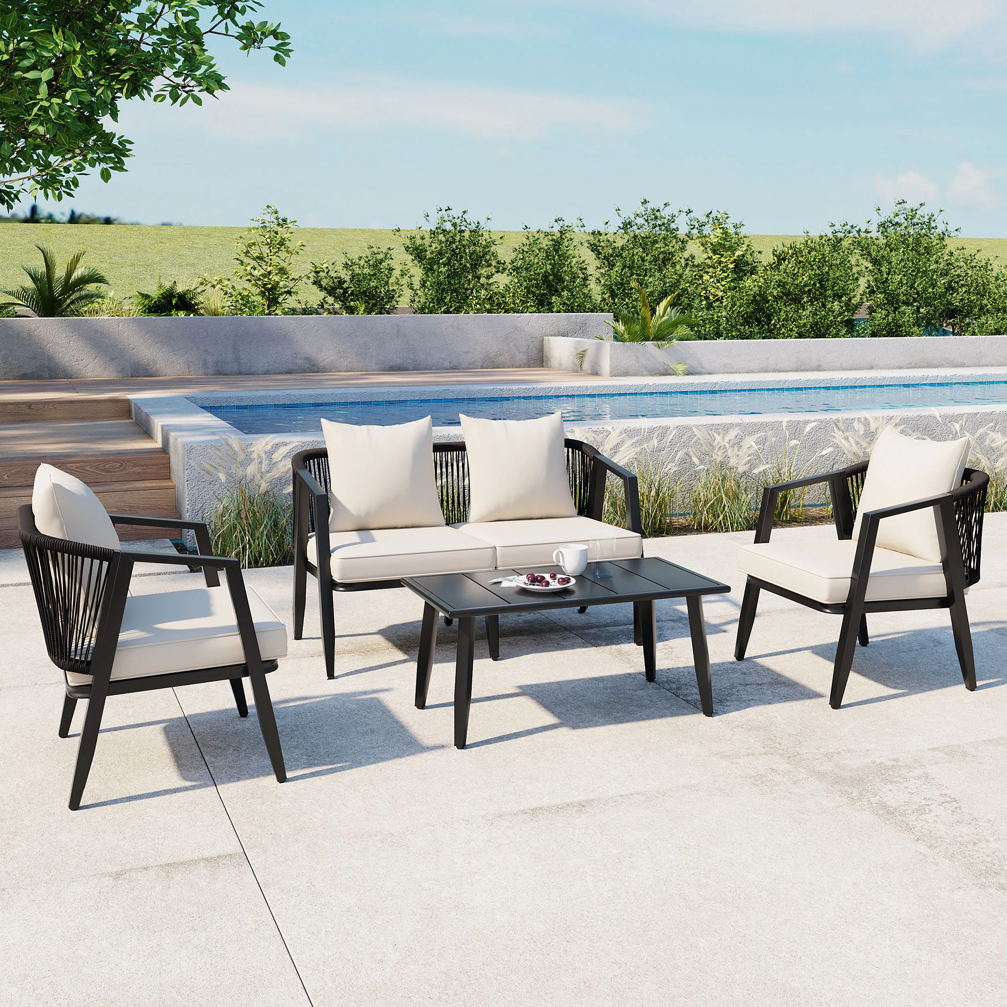 GDFStudio Beige Outdoor Iron Seating Set with Bench Chairs and Table Durable Patio Furniture for Lawn Poolside Garden Relaxation one_size | 333168 | Lowe's