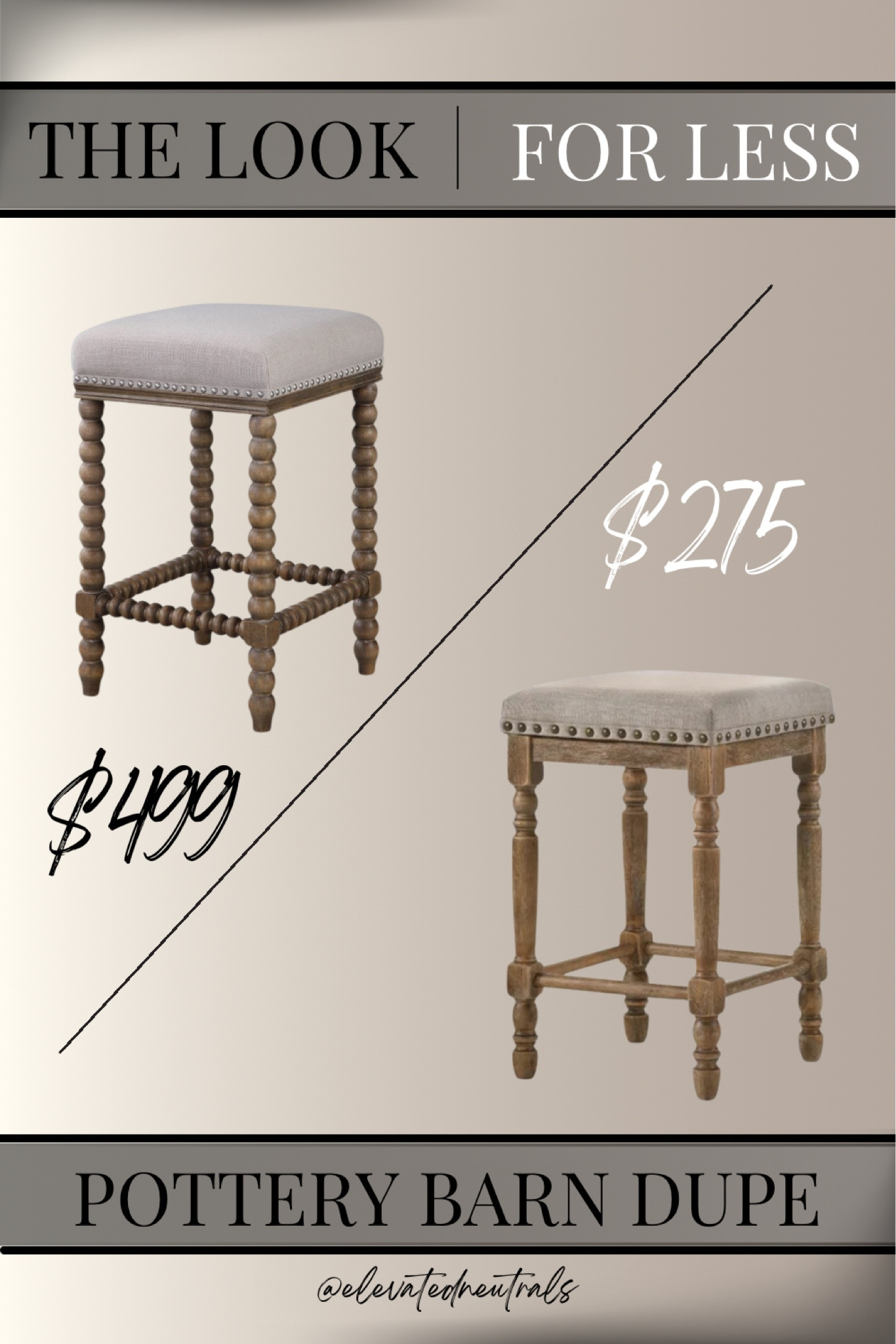 I found a more affordable version of the Bryce Upholstered Counter Stool from Pottery Barn!
I actually prefer the detail in the legs on the dupe to the original!
Both are great backless options!

Whether your style is mid-century-modern, farmhouse, traditional or transitional, a little rustic or contemporary - you can’t deny the craftsmanship of these dining stools.

Please note: There is a difference in height of counter & bar stools. Most of the options I am providing are counter height, and most of them have bar height availability. Please measure the height of your table top before ordering!

To view my entire collection of affordable and high-end dining chairs, be sure to check out the product tab in my LTK shop and visit my product set called ‘Dining Stools’

Be sure to follow @elevatedneutrals on IG, FB & Pinterest for more home inspiration!

#LTKHome