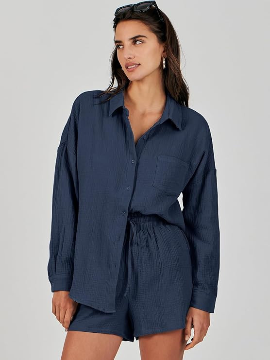 ANRABESS Womens 2 Piece Outfits Long Sleeve Lounge Sets Linen Sets Button Down Oversized Shirts M... | Amazon (US)