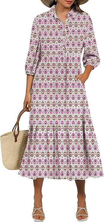 ANRABESS Women Summer Dress 2026 3/4 Puff Sleeve Polo V Neck Floral Print Casual Boho Shirt Maxi ... | Amazon (US)