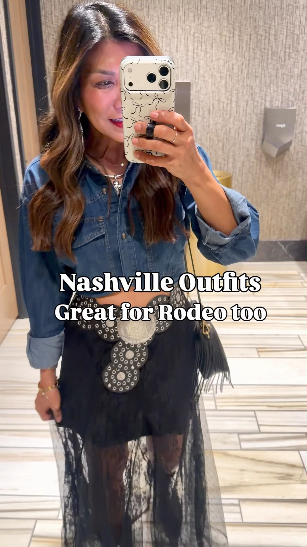 I’m 5’2” 118#ish for reference 
2 Nashville Outfits I wore-great for rodeo or country concert too.

I’m 5’2” 118#ish for reference 
What I Wore to Nashville. Great for rodeo or country concert too.
1st outfit: Sheer skirt in small. I wore  a half slip underneath size small-I cut to make it shorter. 
Denim button down is old-I linked similar. I tied it in the back and left some unbuttoned. 
2nd outfit: Tip in small tts; Shaping Jeans in small short length(length options). Use code ELVIEXSPANX on  first order. 
Faux fur jacket in small tts.
First outfit Inspired by @mar.storosian.
Fashion Over 50, Amazon finds, over 50 style, midlife fashion, petite fashion,affordable fashion, fashion over40 

#LTKPetite #LTKTravel #LTKOver40 #LTKOver40 #LTKSeasonal #LTKPetite