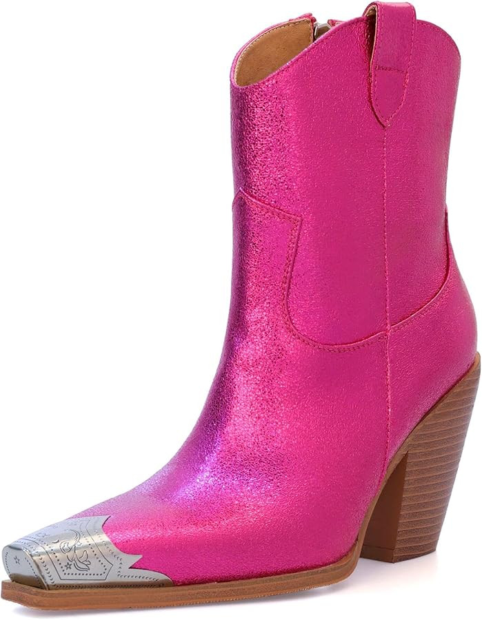 Womens Western Ankle Boots Engraved Metal Toe Cowgirl Booties Stacked Block Heeled Cowboy Boots F... | Amazon (US)