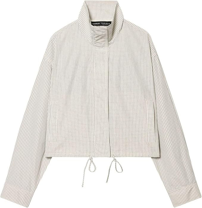 Women’s High Neck Plaid Jacket Drawstring Hem Casual Long Sleeve Streetwear Coat with Pockets | Amazon (US)