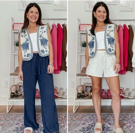 I love this vest, I am styling it two different ways here! I brought these outfits with me to Italy! I paired this vintage embroidered floral white and cream vest with a crop white tank top and cream pull on drawstring linen shorts and slide on straw wedges. The second way I styled this floral blue and cream vintage embroidered vest is with some navy drawstring flowy pants and white chunky dad sandals!



#LTKFindsUnder100 #LTKStyleTip #LTKFindsUnder50