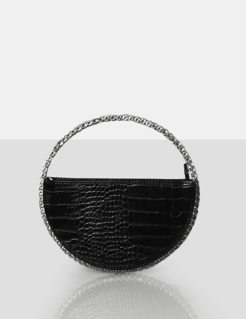 The Alessia Black Croc Circle Diamante Mini Handbag | Public Desire