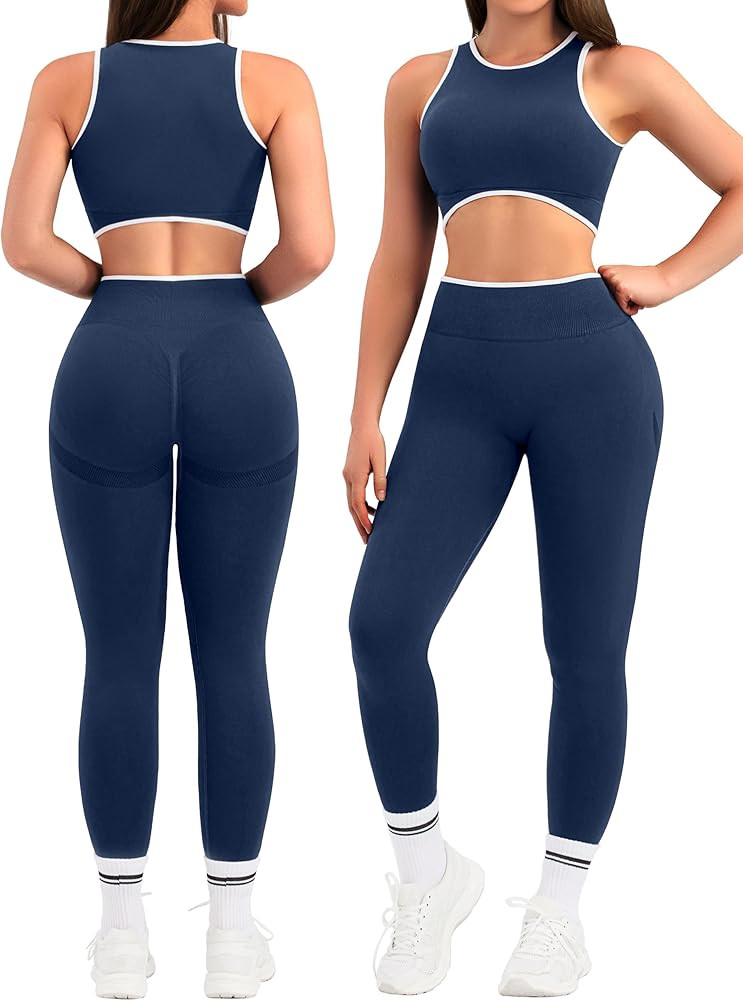 Relety Womens Workout Sets 2 Piece Seamless Crop Tank Top High Waist Leggings Contrast Trim Padde... | Amazon (US)