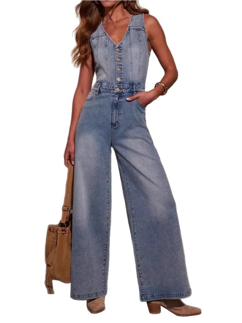 Women'S Denim Overalls Jumpsuits Sleeveless Button Down V Neck Wide Leg Jeans Long Pants Rompers ... | Walmart (US)