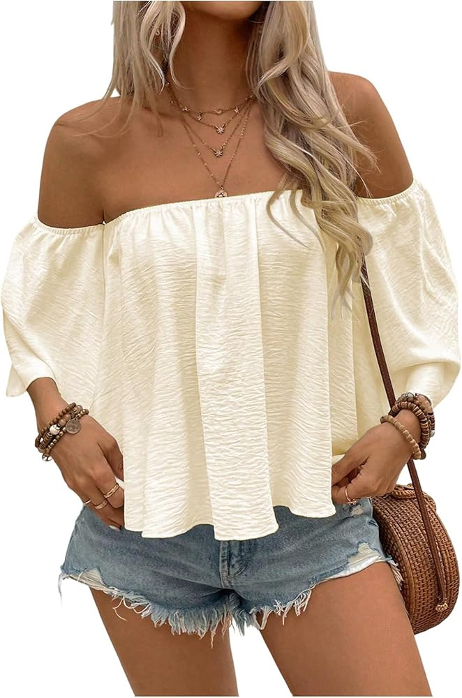 SweatyRocks Women's Sexy Cute Off Shoulder Ruffle Hem Flowy Chiffon Blouses Top | Amazon (US)