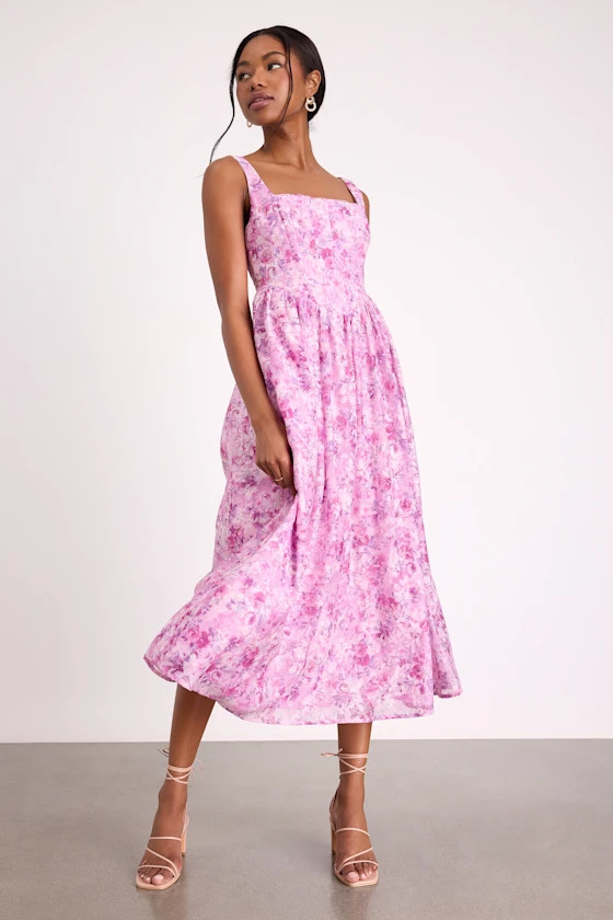 Colwyn Light Magenta Floral Jacquard Bustier Midi Dress | Lulus