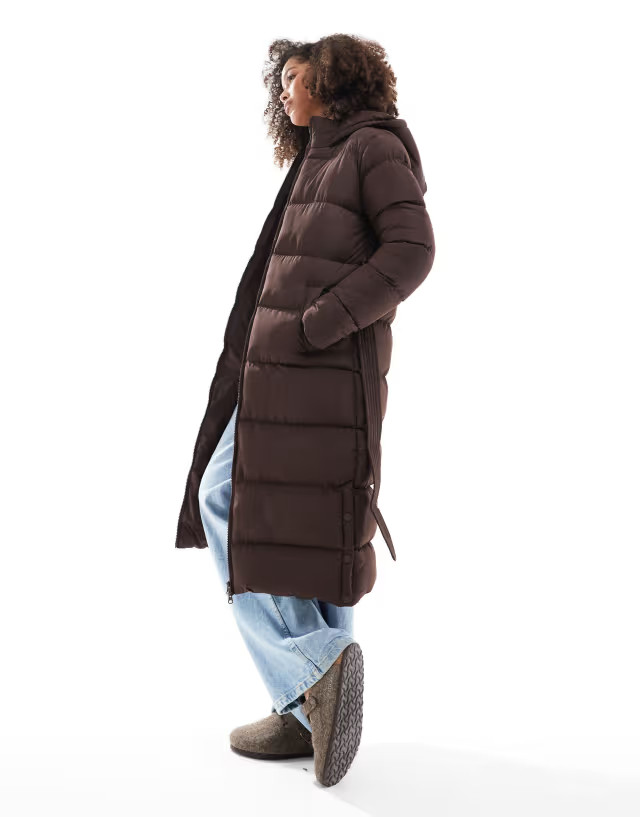 Threadbare maxi belted puffer coat in brown | ASOS (Global)