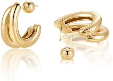 Gold Hoop Earrings for Women - Chunky Earrings 14K Gold Plated Earrings Trendy Hoops Small Thick ... | Amazon (US)