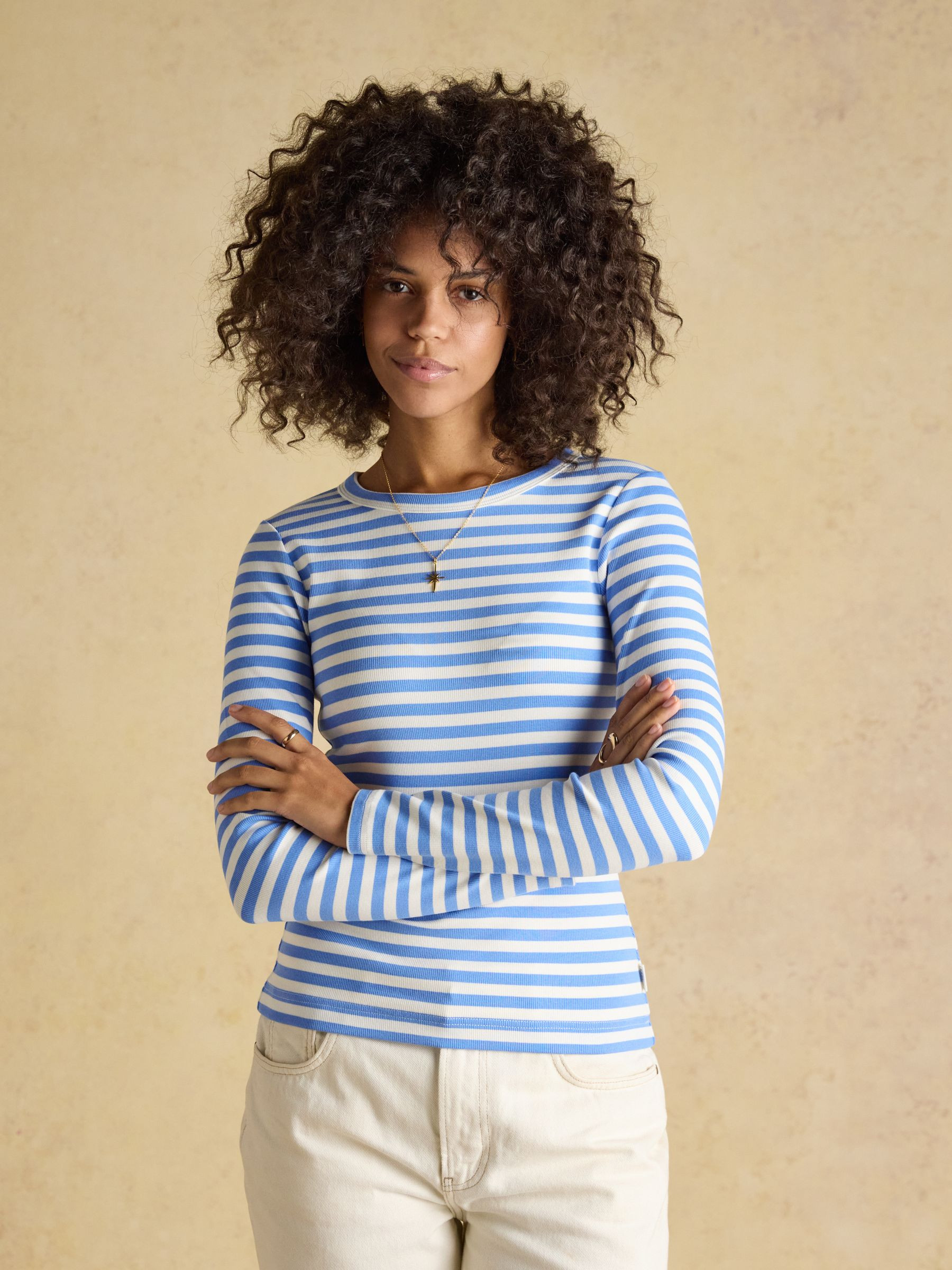 Sophie Blue Striped Long Sleeve Ribbed Fitted T-Shirt | Joules | Joules