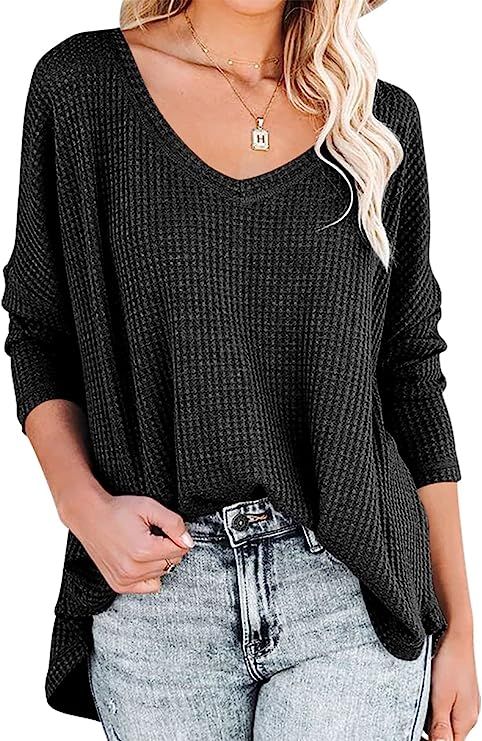 ANRABESS Women's Causal Off Shoulder Waffle Knit Shirt V-Neck Batwing Sleeve Pullover Curved Hem ... | Amazon (US)