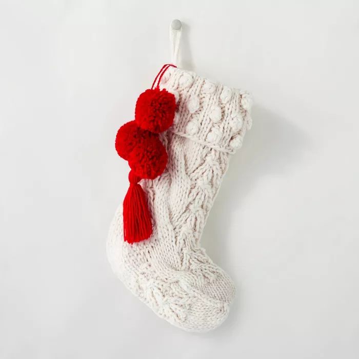 Poms Cable Knit Holiday Stocking Red/Cream - Hearth & Hand™ with Magnolia | Target