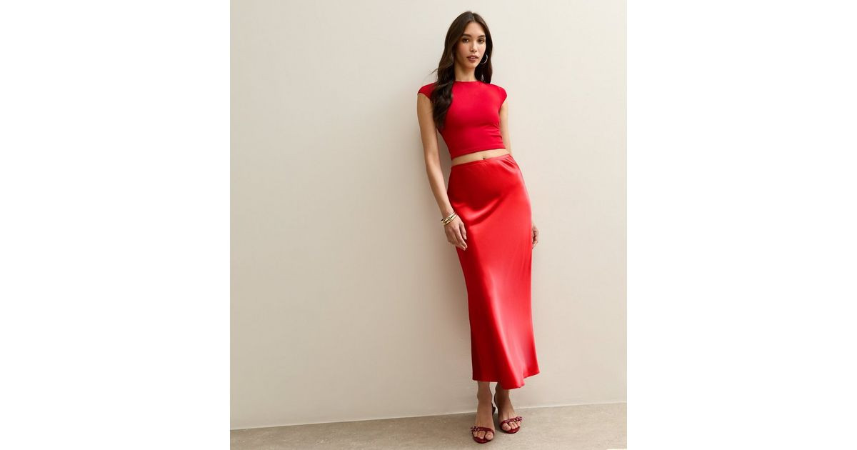 Bright Red Satin Bias Cut Midi Skirt | New Look | New Look (UK)