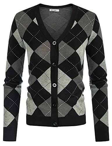 GRACE KARIN Womens Cardigan Sweater Fall Fashion Long Sleeve Argyle Sweater V Neck Button Up Cardigan Preppy Winter Clothes (Plaid Black Gray,2XL) | Amazon (US)