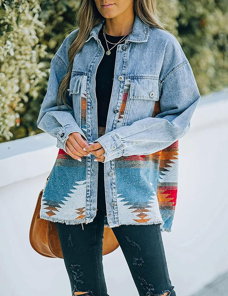 Lumister Women's Aztec Denim Jacket Distressed Lapel Long Sleeve Vintage Button Down Denim Jacket... | Amazon (US)