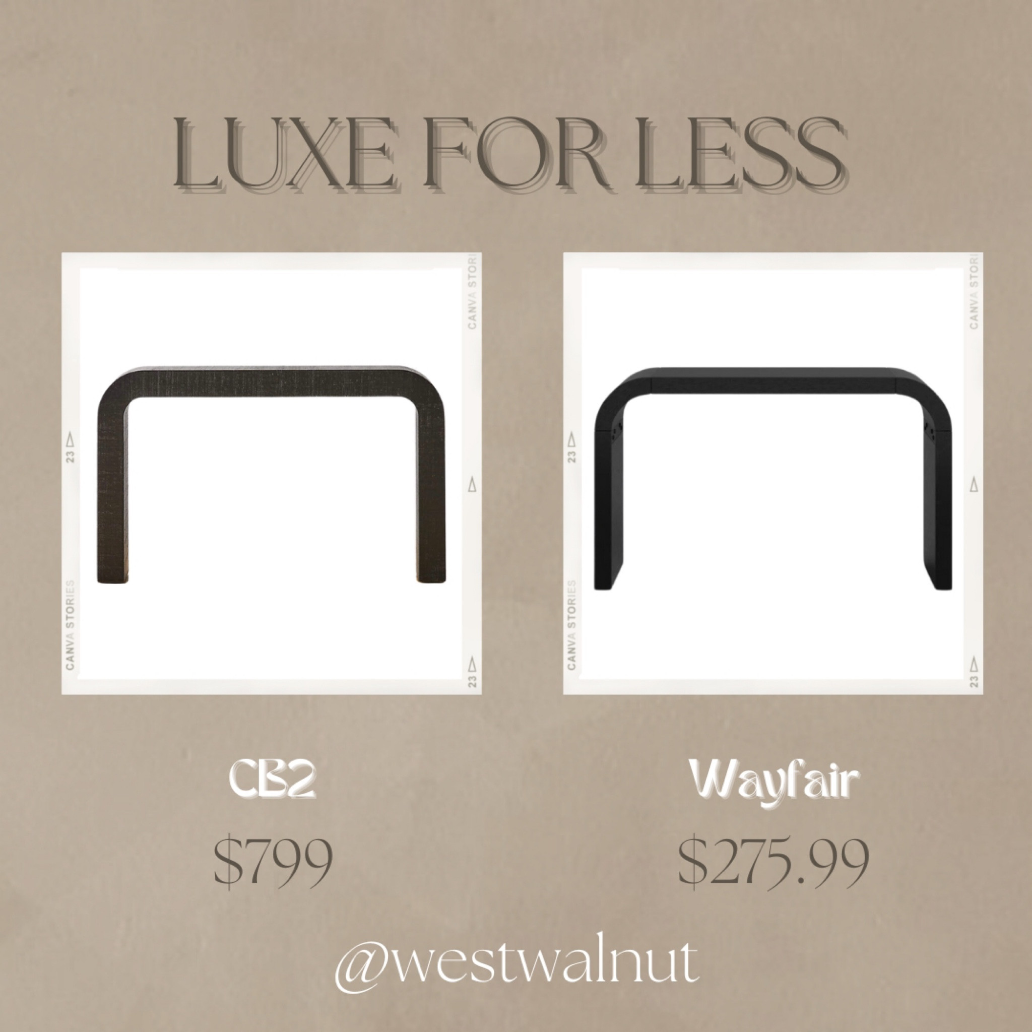 Black Waterfall Console Table Luxe For Less

On the left is the Horseshoe Black Laquered Linen Console Table 52” from CB2. It is constructed with FSC®-certified wood with raffia and a hi-gloss black finish.
Dimensions: 12"W x 52.25"D x 31.25"H

On the right is the Lopp 52'' Console Table from Wayfair. It is constructed with manufactured wood and solid wood with a tongue and groove joinery. 
Dimensions: 12"W x 52.25"D x 31.1''H

While the Wayfair option comes without the texture and high gloss lacquered finish, the silhouette of both options are quite similar. Additionally, they are both about 52” wide, which is an amazing for a dining room console or hallway console.

#waterfalconsole #consoletable #furnitureforless #budgetfriendlyfinds #dupes #homedecor

#LTKhome