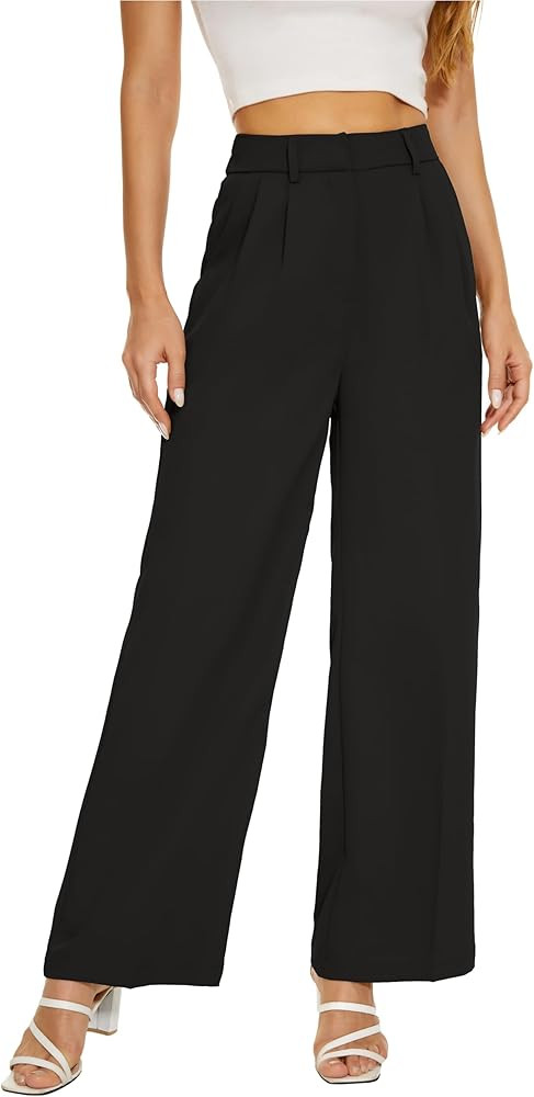 Women Office Wide High Waist Pants Loose Fit Elastic Waist Pleated Front Trousers for Work Casual | Amazon (US)