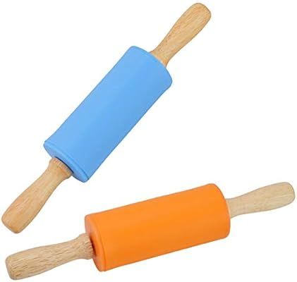 Mini Rolling Pin, 2 Pack Kids Size Wooden Handle Rolling Pin Non-Stick Silicone Rolling Pins for ... | Amazon (US)
