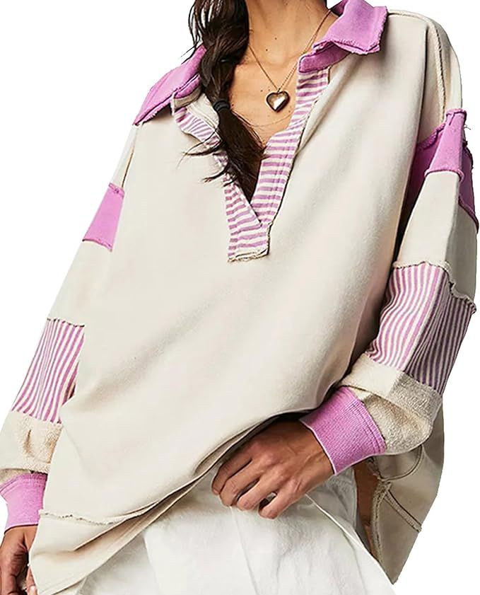 Womens Color Block Oversized Sweatshirt Lightweight Lapel Collar Long Sleeve V Neck Polo Shirt To... | Amazon (US)