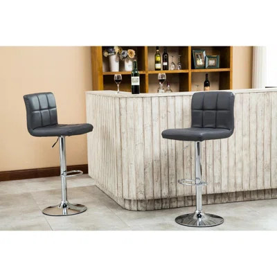 Gray Swivel Hydraulic Bar Stool Pair - Faux Leather, Chromed Base, Adjustable Height, 360 Degree Swivel, Comfy Leather Of 2, Adjustable, Foam-Injected | Wayfair North America