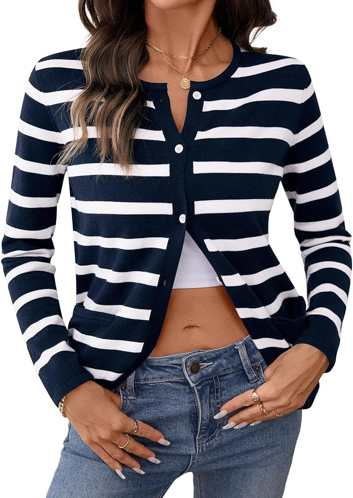 Rapbin Women's Lightweight Button Down Cardigan Sweater with Pockets Long Sleeve Crew Neck Open F... | Amazon (US)