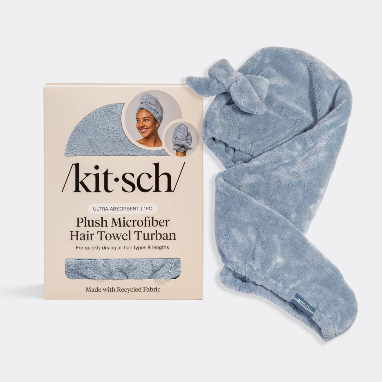 Coastal Blue Plush Microfiber Hair Towel Turban with Bow | Kitsch
