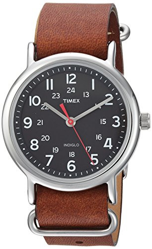 Timex Unisex Weekender 38mm Watch – Silver-Tone Case Black Dial with Brown Leather Slip-Thru Strap | Amazon (US)