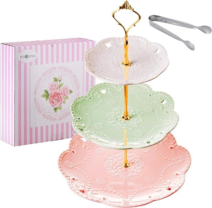 Jusalpha 3-Tier Porcelain Cake Stand-Dessert Stand-Cupcake Stand-Tea Party Serving Platter (3 Col... | Amazon (US)