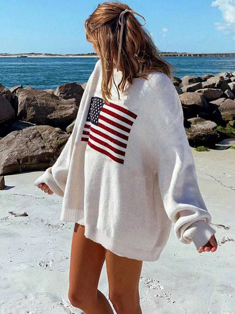 Zielony Usa Flag Design Drop Shoulder Sweater,Long Sleeve Tops | SHEIN