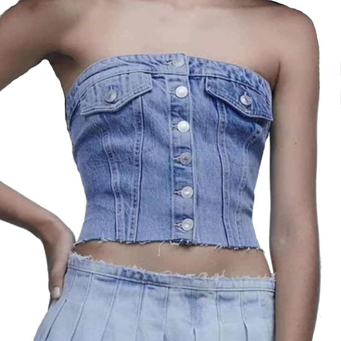 Women's Denim Corset Crop Top Denim Tube Top Push Up Sexy Button Up Jeans Camisole Top | Amazon (CA)