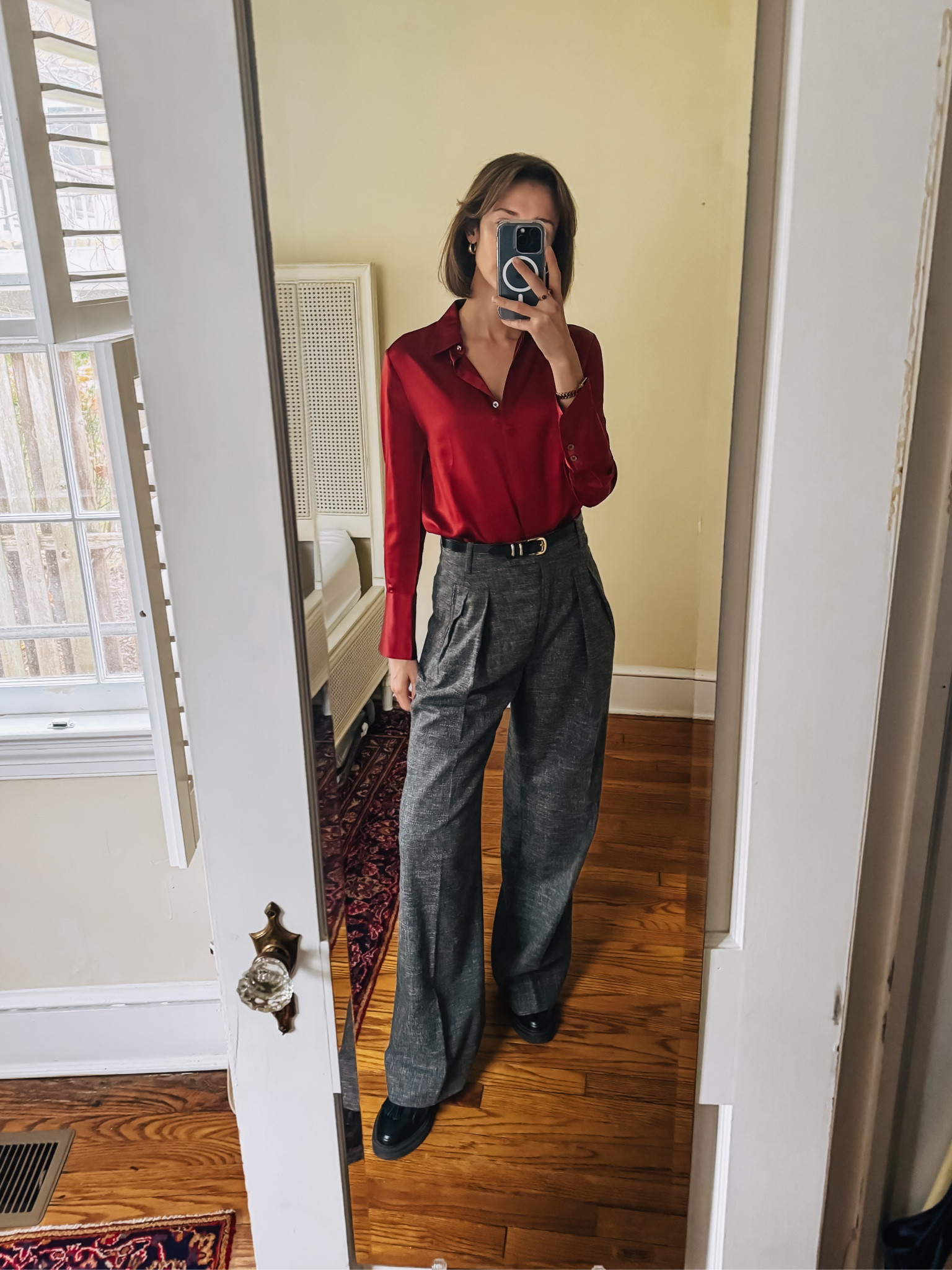 In love with this red wine-colored silk blouse & gray trousers right now. They look so elegant together for work!

#LTKStyleTip #LTKSeasonal #LTKWorkwear