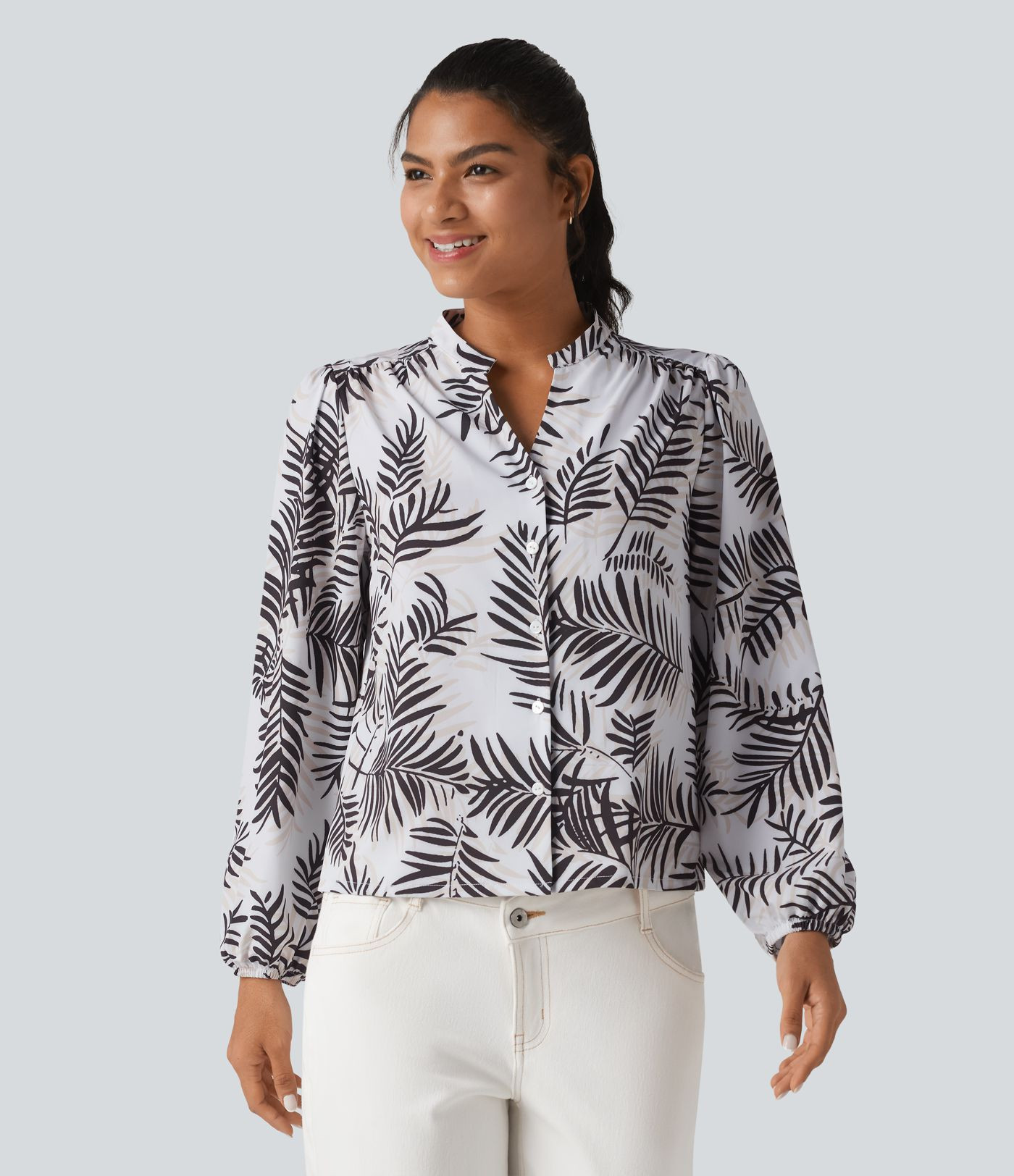 V Neck Long Sleeve Tropical Botanical Print Work Blouse | HALARA