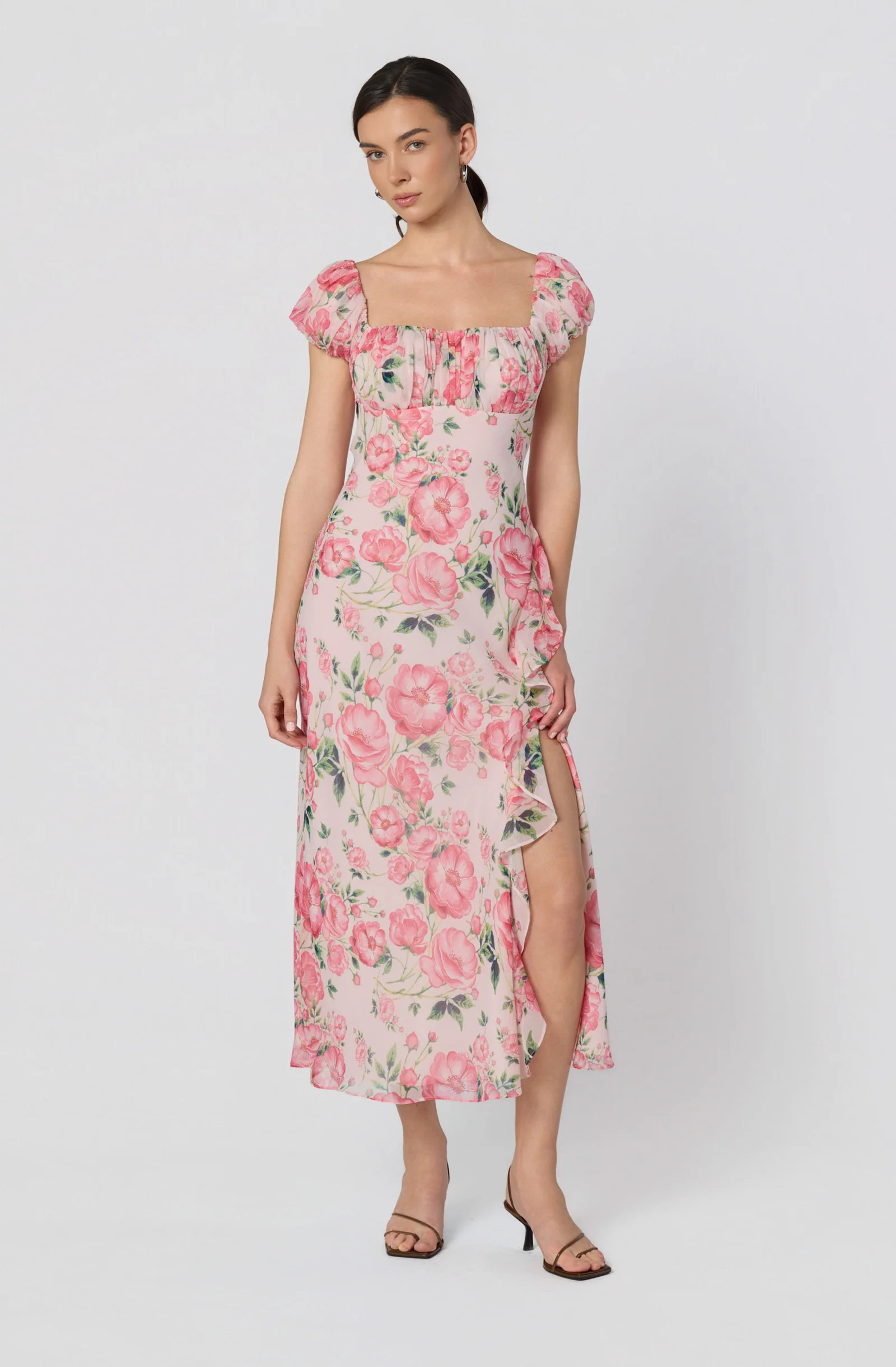 Florence Floral Puff Sleeve Midi Dress - Blue multi floral / XS | ASTR The Label (US)