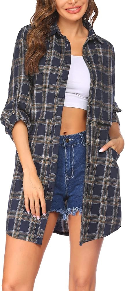 HOTOUCH Womens Flannel Plaid Shirts Roll Up Long Sleeve Mid-Long Casual Boyfriend Shirts with Poc... | Amazon (US)