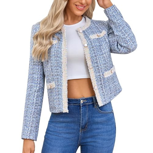 Xaspee Women's Tweed Blazers Cropped Long Sleeve Crewneck Open Front Lace Trim Lightweight Plaid Work Blazer Jackets (Blue, XS) | Amazon (US)