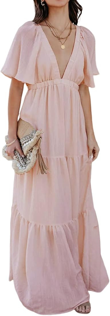 Halfword Women’s Summer Maxi Dress Sexy V Neck Ruffle Sleeve Backless Pleated Tiered Flowy Dres... | Amazon (US)