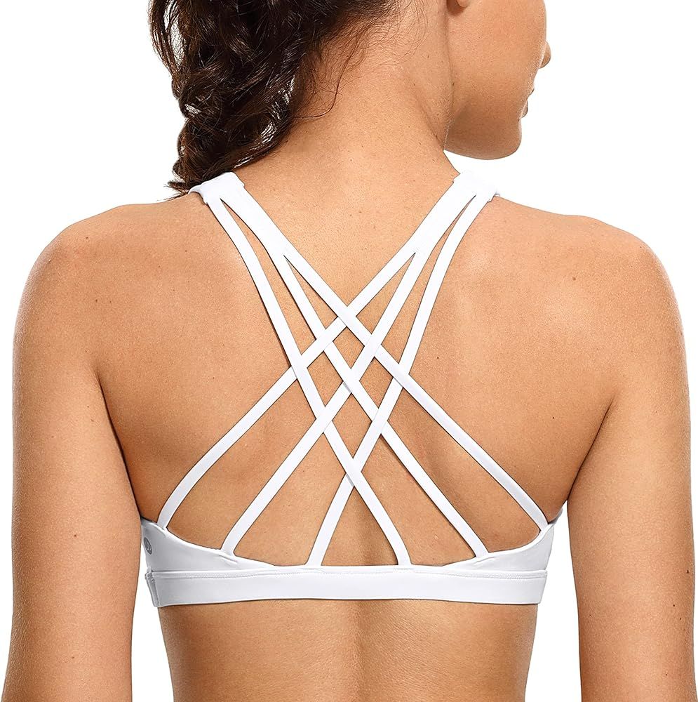 CRZ YOGA Strappy V Neck Sports Bras for Women - Criss Cross Back Wireless Padded Workout Yoga Bra | Amazon (US)