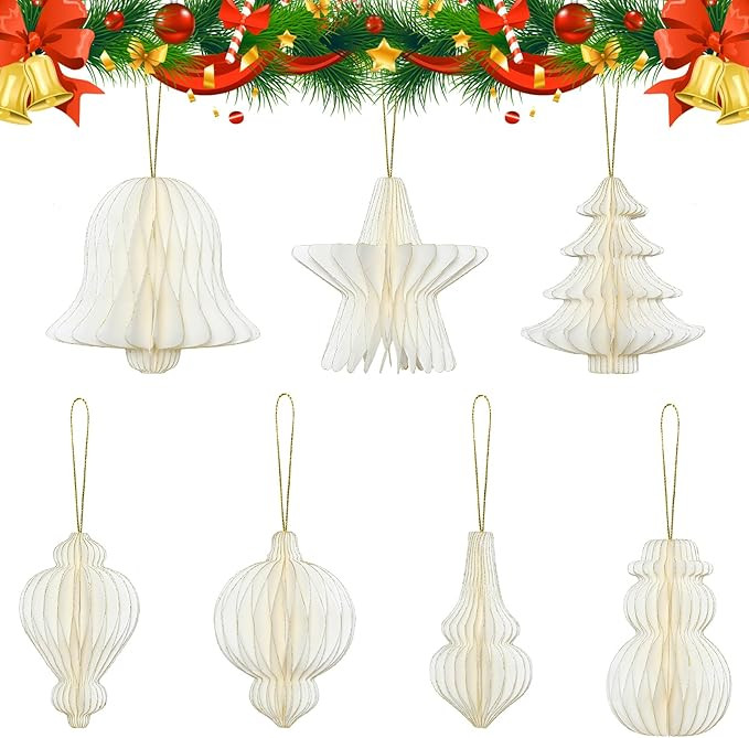 Christmas Decorations - 7 PCS White Paper Honeycomb Ornaments, Foldable Hanging Decorations for C... | Amazon (US)