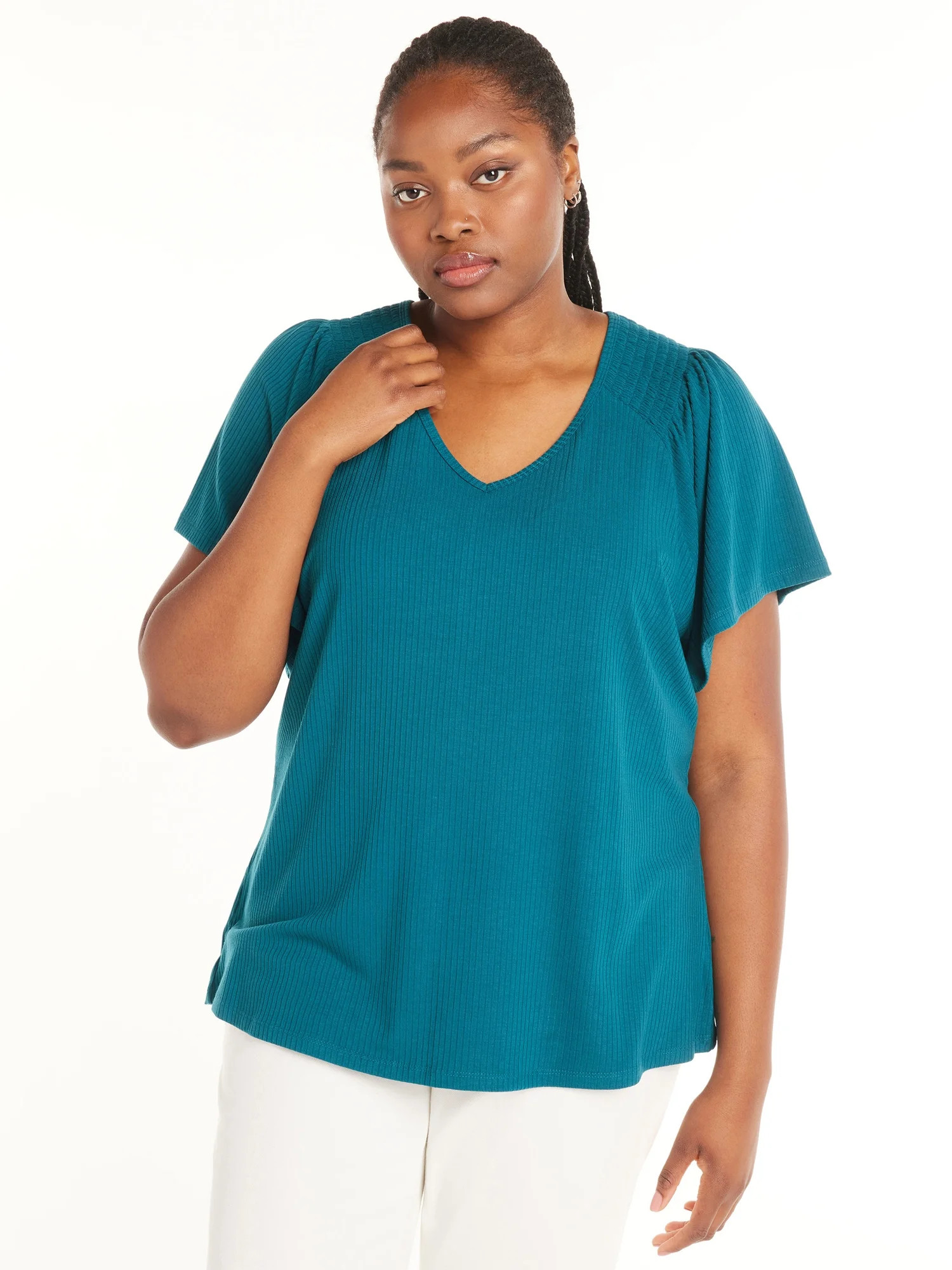 Terra & Sky Women's Plus Size Ribbed Flutter Sleeve Top, Sizes 0X-5X | Walmart (US)