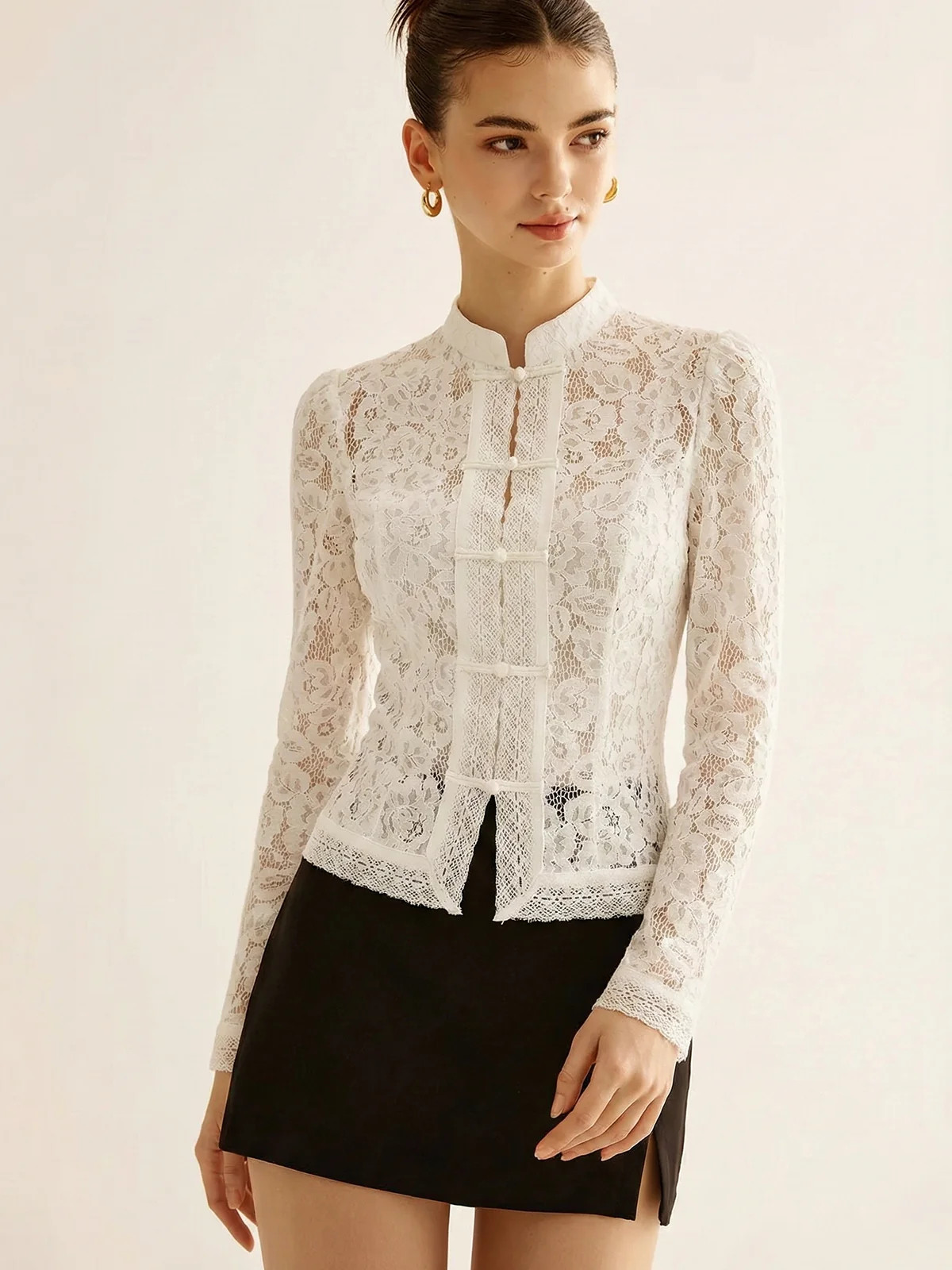 Frog Closure Lace Mandarin Collar Blouse | Commense