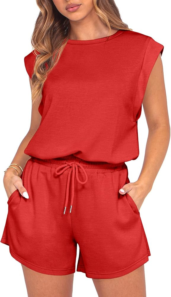 GRECERELLE Rompers For Women 2026 Summer Cap Sleeve Adjustable Drawstring Waistband Cozy Lounge S... | Amazon (US)
