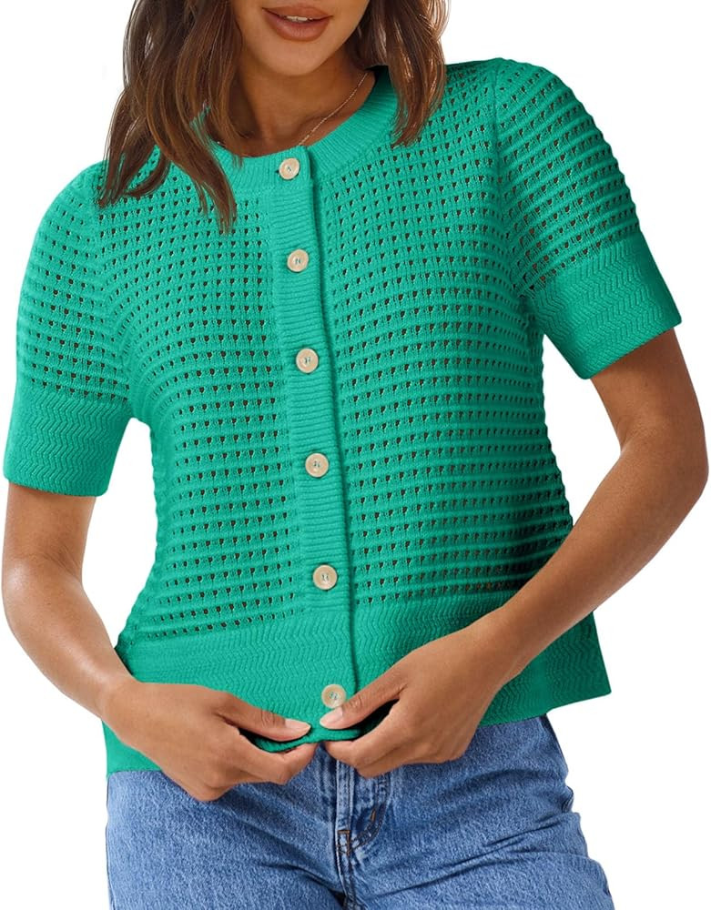 Saodimallsu Womens Crochet Short Sleeve Cardigans Button Up Crew Neck Summer Beach Knit Sweater T... | Amazon (US)